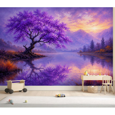Papier peint adhésif peler et coller Chêne mauve, paysage abstrait, nuit étoilée, paysage, forêt, papier autocollant amovible, décoration murale pour salon, chambre à coucher H 100 po x l 144 po