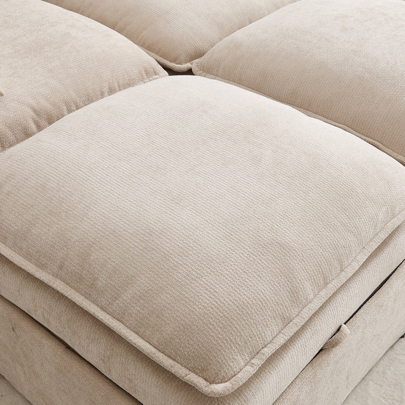 130'' 4-Seat Chenille Sectional With Four Ottomans, Beige Chenille