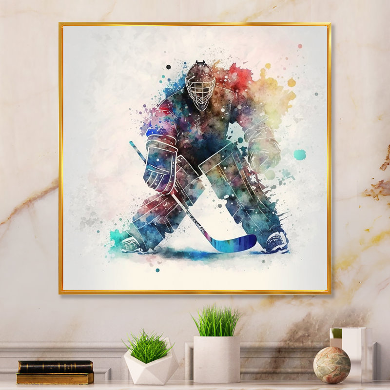 Hockey gardien de but pendant le jeu de hockey II, H 36 po x l 36 po x P 1,5 po, Toile avec cadre flottant or