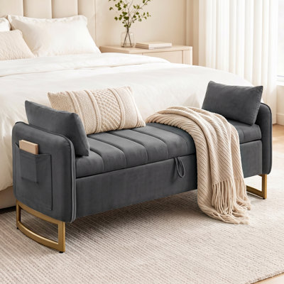 Lunara 66"W Upholstered Velvet Modern Bedroom Storage Bench End of Bed with Gold Legs,Arm Pocket and 2 Pillows