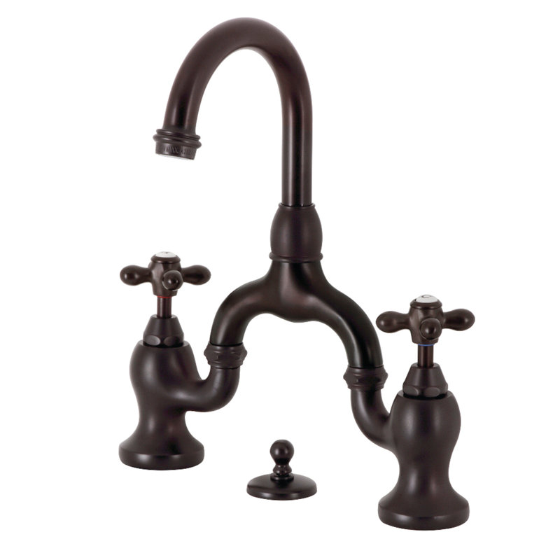 Kingston Brass English Country Two-Handle 3-Hole Deck Mount Bridge Bathroom Faucet with Brass Pop-Up, Oil Rubbed Bronze