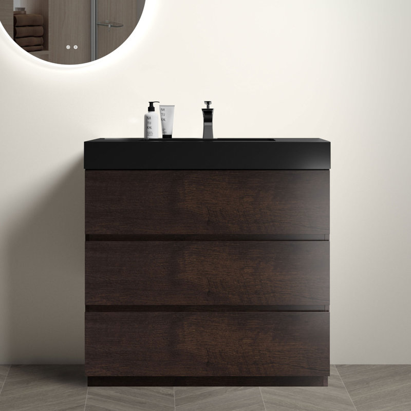 Meuble-lavabo spacieux en noyer de 36 po avec lavabo noir moderne pour salles de bain élégantes