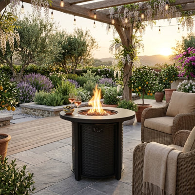 30" Propane Gas Fire Pit Table - 50,000 BTU Round Steel Outdoor Fire Pit with Lid, Electronic Ignition, and Lava Rocks for Patio, Deck, Garden (Black)