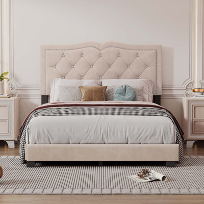 Full Size Upholstered Bed Frame with Rivet Design, Modern Velvet Platform Bed -  Rosdorf Park, 51C1896A548A4561AC33821E033A53BD