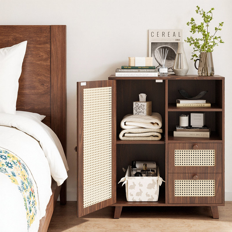 Rattan Buffet Cabinet With Drawers And Adjustable Shelf, Sideboard Storage Cabinet, Walnut