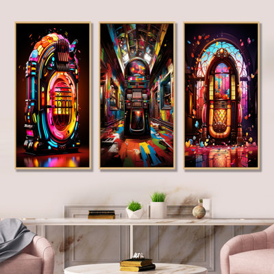 Jukebox Machine Neon Grooves I - Jukeboxes, ensemble de 3 impressions sur toile