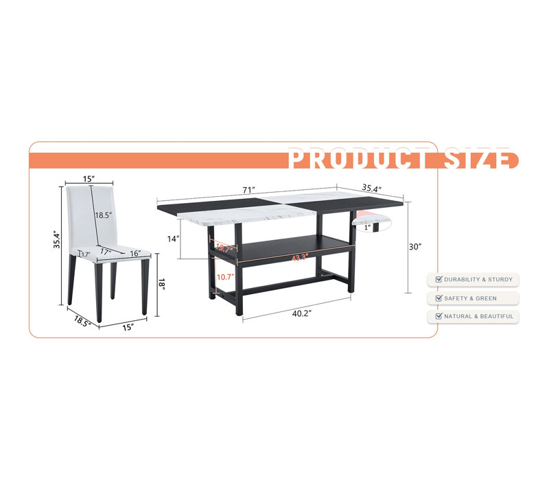 Ensemble de table de salle à manger moderne avec tablette de rangement, table de cuisine 8 places et chaises en polyuréthane, design épissé noir et blanc