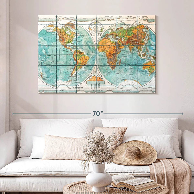 Globe terrestre carte du monde sur toile, H 32 po x l 48 po x P 1,25 po