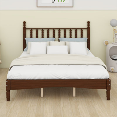 Wood Platform Bed With Gourd Shaped Headboard,Retro Style Platform Bed