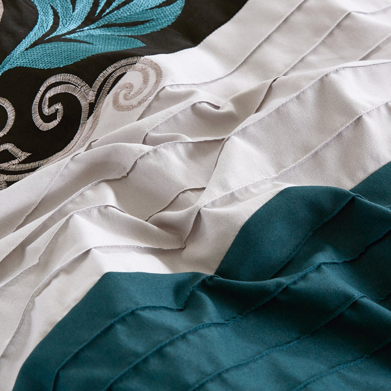 Teal and Black Floral Embroidered Microfiber Queen Comforter Set
