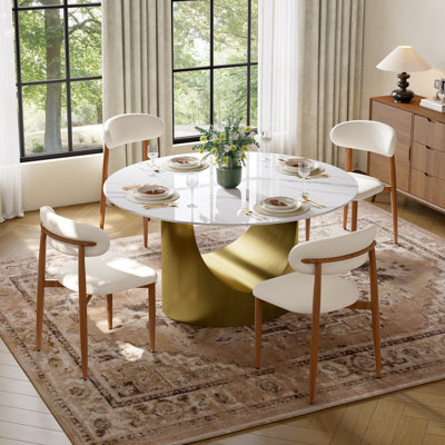 59" Modern Round Sintered Stone Dining Table & Chairs Set – Seats 4–6, White Marble-Pattern Table With Comfortable Upholstered Chairs, Modern & Cozy Furniture Set