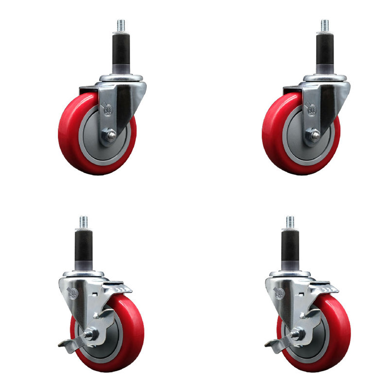 Ensemble de roulettes extensibles pivotantes en poly sur roulettes 2 freins SCC TLB 4 po x 1-1 / 8 po, Rouge