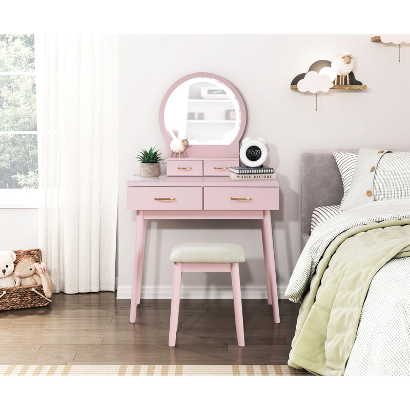 Graceful Pink Vanity Dresser With Stool And Mirror - Bedroom Attractive Storage, Pink