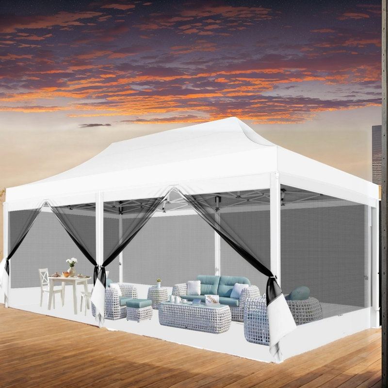 10'x20' Heavy Duty Canopy Tent, Pop up Gazebo with Netting Screened, White
