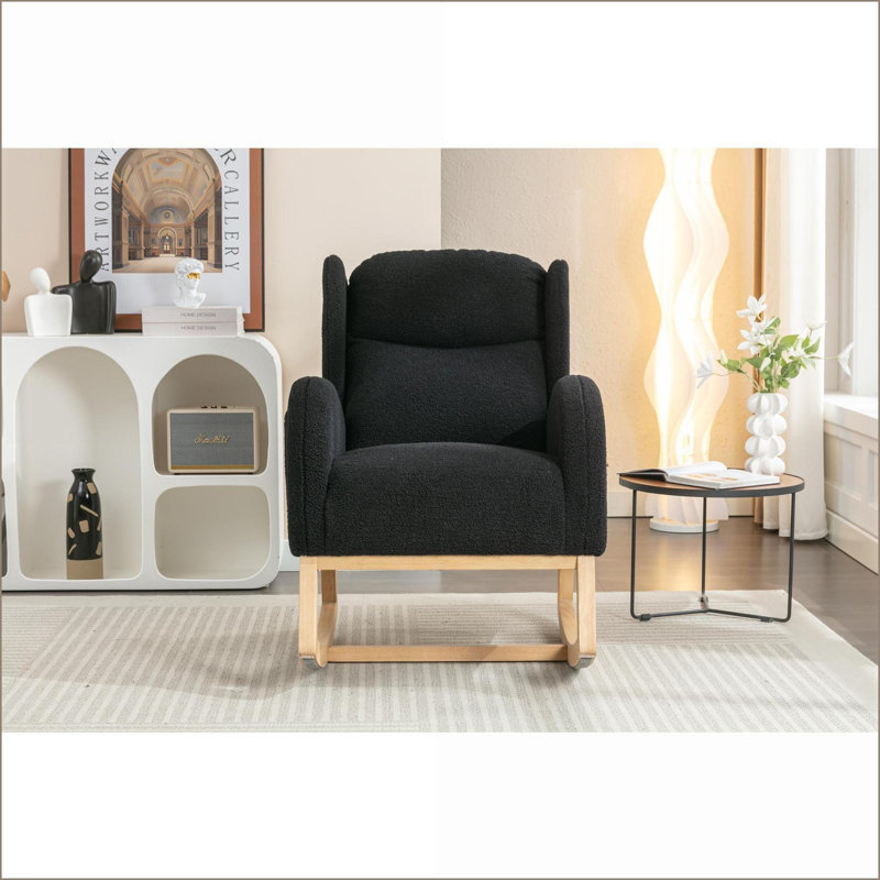Chaise berçante de salon / chambre à coucher en velours de style Mid-Century avec pieds en bois | Rempli de mousse