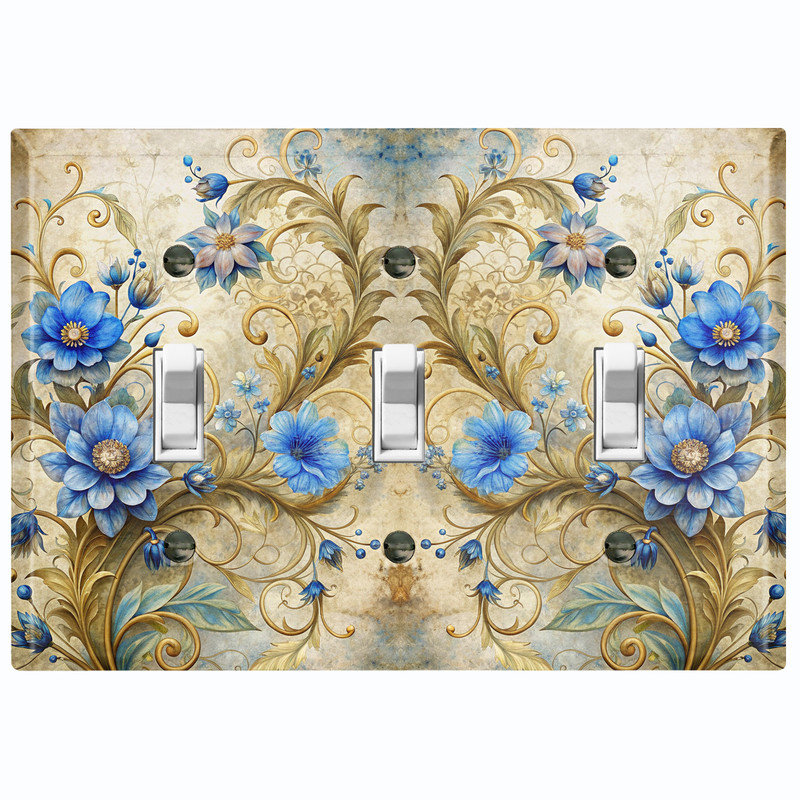 Couvercle de plaque d'interrupteur en métal; Bascule à 3 bandes US standard - Fleurs bleues élégantes, Triple # 3