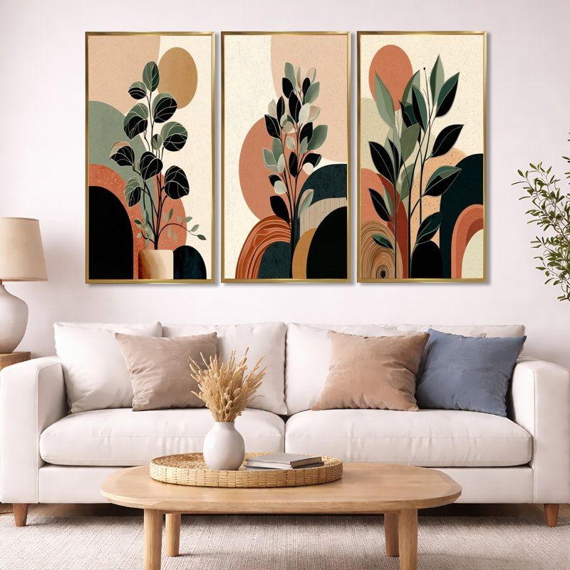 «Black and Green Bohemian Minimalist Plant - Abstract Botanical», reproduction de toile 3 pièces, 32" H x 48" W