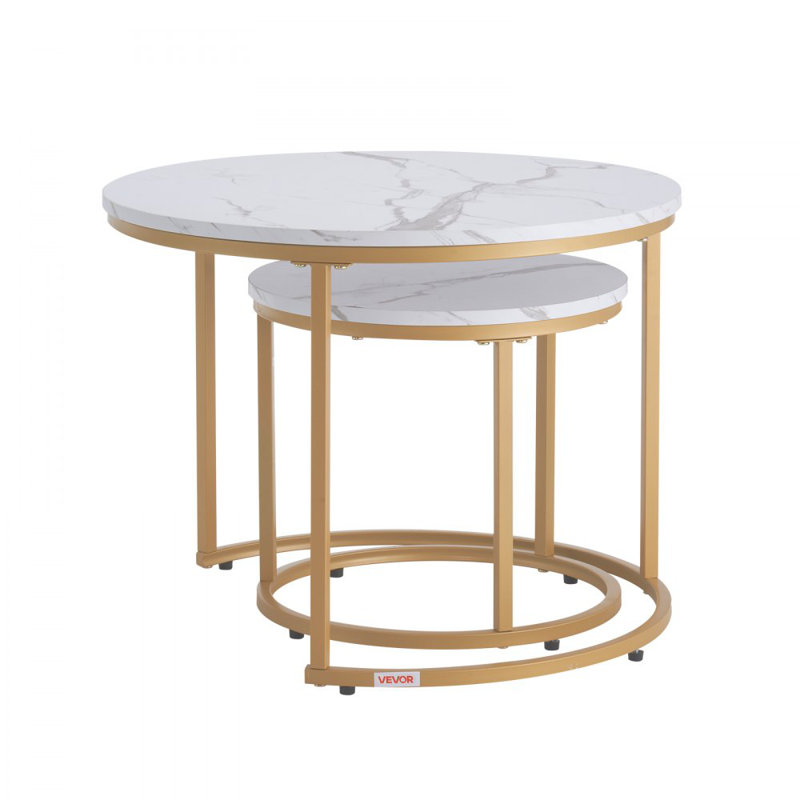 Ensemble de 2 tables basses gigognes, table basse ronde de 60 cm, tables gigognes pour petits espaces, tables d'appoint vintage avec structure en métal, chambre, bureau (blanc et or)