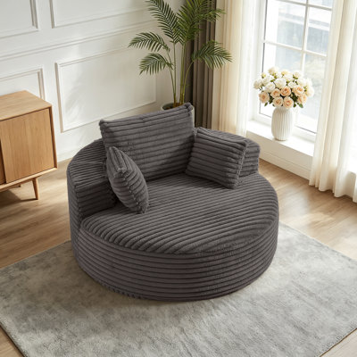 Fauteuil rond 55 po en velours côtelé pelucheux avec coussins décoratifs - gris