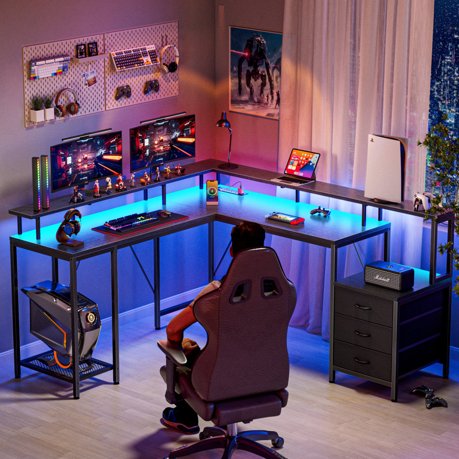 Macire Desk with Drawers, Gaming Desk with LED Lights, Computer Desk, L Shaped Desk with Power Outlet, Home Office Desk, Writing Wesk, Desk