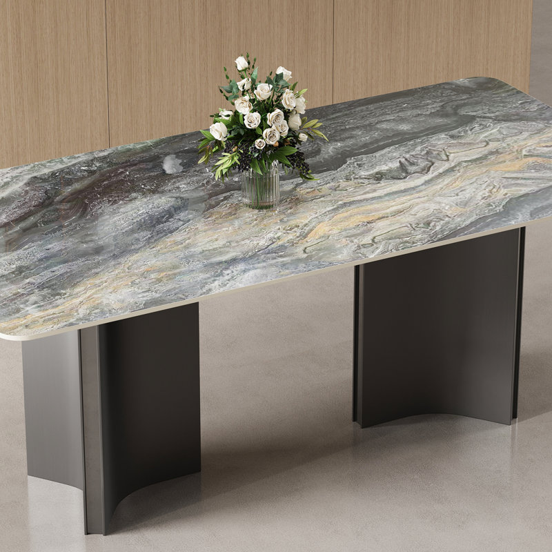 63" Modern Glossy Dining Table, Natural Stone Double-Layer Top with Stainless Steel Base, Seats 4-6