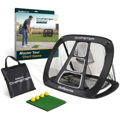 Filet à copeaux de golf GoSports Chipster PRO - Cible d'entraînement de golf portable d'intérieur et d'extérieur avec tapis de frappe et 4 balles en mousse - Meilleurs cadeaux pour les golfeurs - Noir