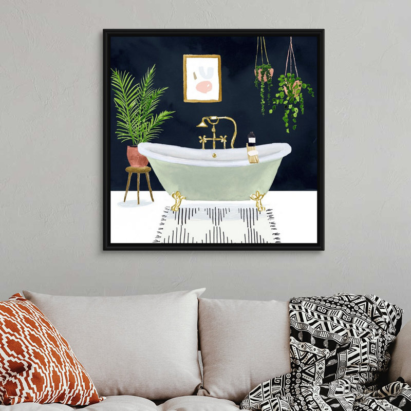 Boho Bath I - reproduction d'art sur toile, Cadre flottant noir, H 37,7 po x l 37,7 po x P 1,75 po