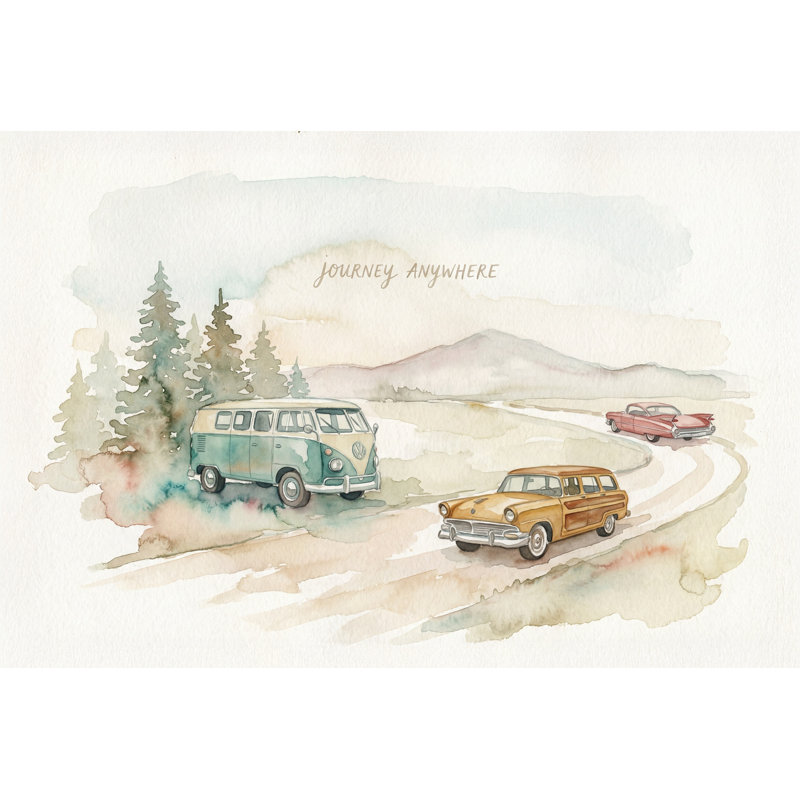 Adhésif mural "Road Trip" aquarelle voitures anciennes, 140 po x 108 po, Non tissé