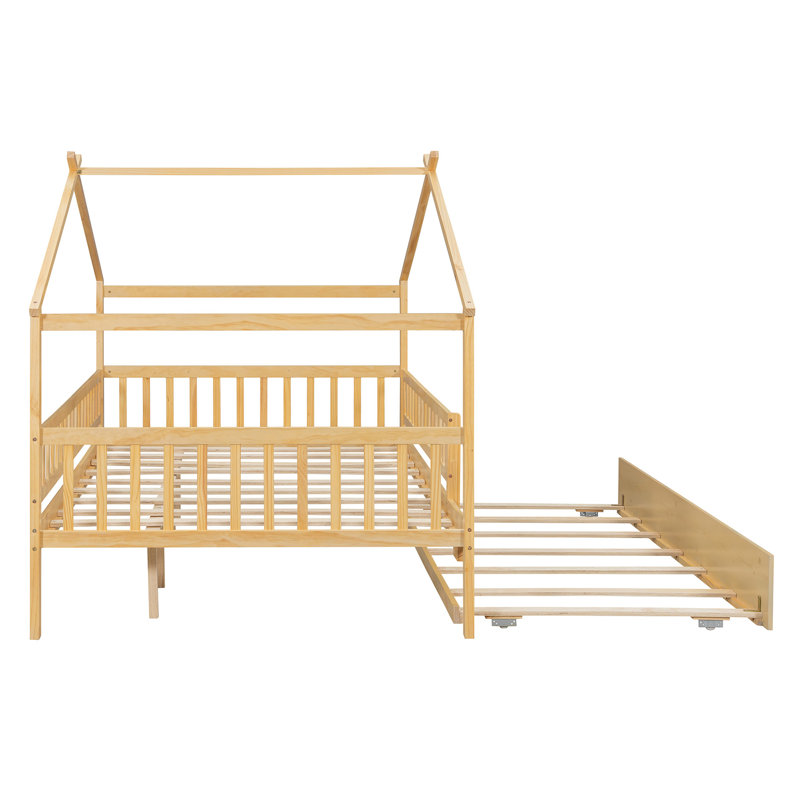 Lucky Furniture 81.5" W x 56.5" D x 65.4" H Solid Pinewood House Bed with Twin Trundle, Natural