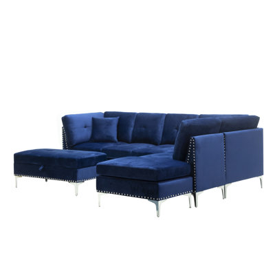 Canapé modulaire en suède Cynthia avec coussins assortis, repose-pieds et banc de rangement gris