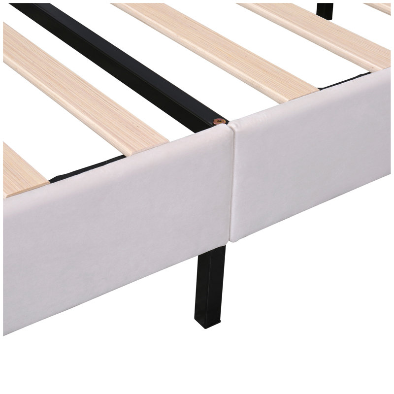 Upholstered Platform Bed with Flower Pattern Velvet Headboard, Queen, Beige