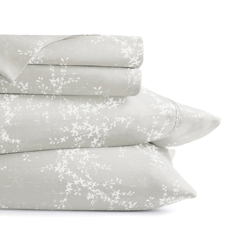 Literie en microfibre ultra douce, Motif floral brume portuaire, Ensemble de draps pour grand lit avec 2 taies d'or