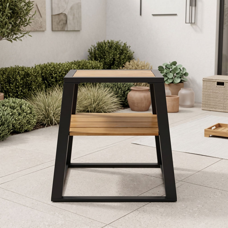 Table d'appoint d'extérieur moderne à deux niveaux en bois d'acacia avec structure en fer et tablette de rangement pour terrasse ou balcon