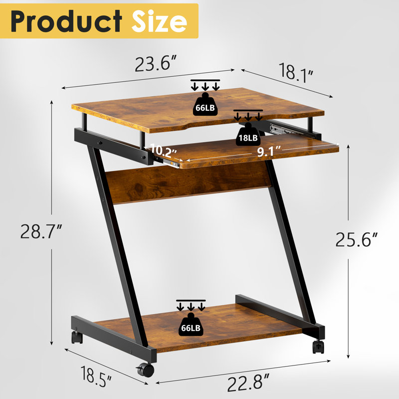 Chariot de travail portable pour ordinateur portable, Brun rustique / noir