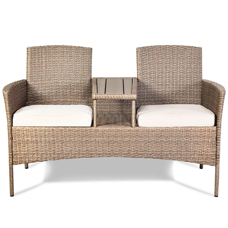 2-Seater Rattan Chair With Coffee Table And Removable Cushion, Outdoor Garden Patio Wicker Loveseat Conversation Furniture Set Partner Bench (Light Brown + Beige)