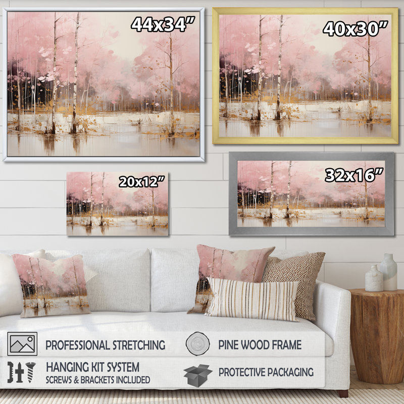 «Minimalisme rose et forêt dorée I», art sur toile, H 30 po x l 40 po x P 1,5 po, Cadre simple blanc