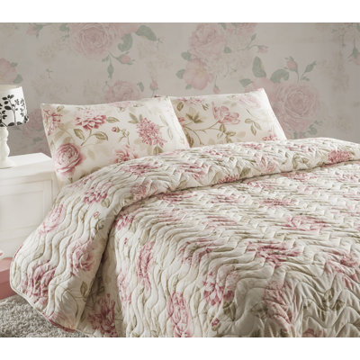 Ensemble de couvre-lit matelassé luxueux très grand (3 pièces), rose et écru, 94,5 po x 86,6 po | 65% coton et 35% polyester, rembourrage 100% fibre | Lavable à la machine, conception élégante avec enveloppe et fermeture à boutons