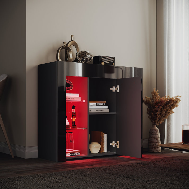 95*35*83cm High Brightness Display Cabinet with LED Colorful Lighting,Adjustable Shelves, Black