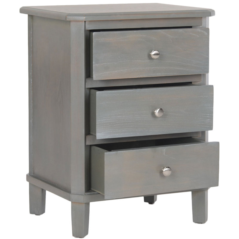 Table de bout en pin 25 po H - table de chevet 3 tiroirs avec poignées argentées, Gris cendré