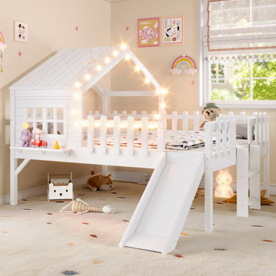 Full  Size House Loft Bed With Slide,Playhouse Bed With Star Moon-Shaped Designs And Window, Chic Design With LED Lights,No Box Spring Needed,White