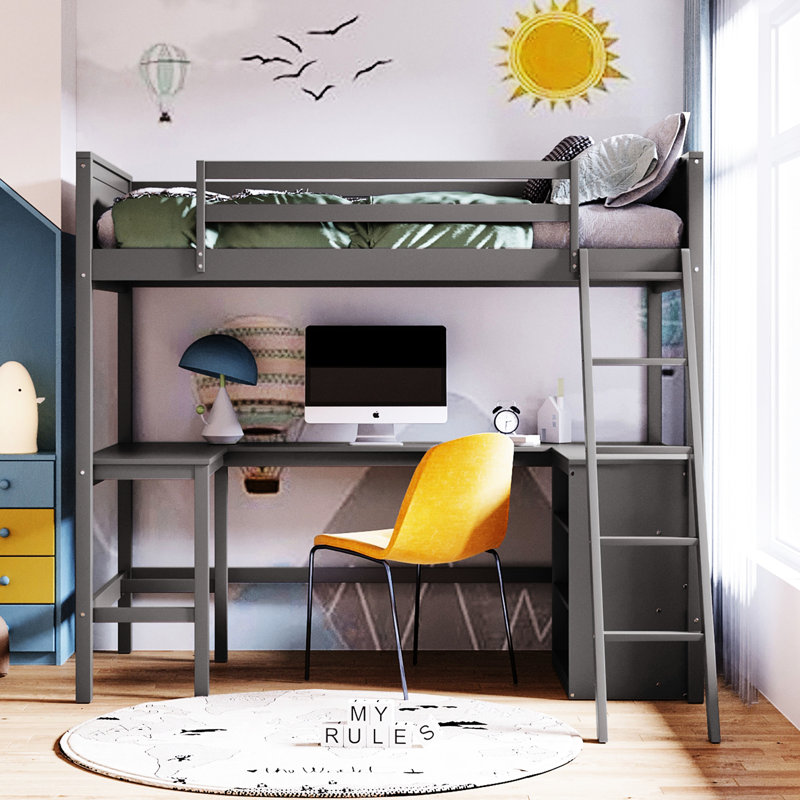 Lit mezzanine simple gris avec bureau polyvalent et tablettes, rehausser l'esthétique de votre chambre à coucher, bois de pin, aire de repos et tablettes confortables - gris, optimisation de l'espace pour les espaces compacts, cadre, idéal