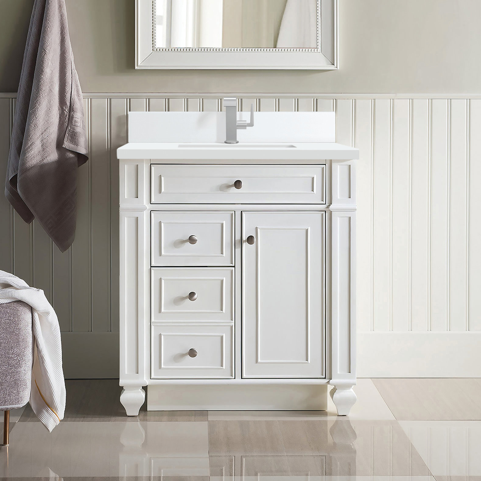Calisto 30" Single Bathroom Vanity, Bright White, White Zeus, Single-Hole
