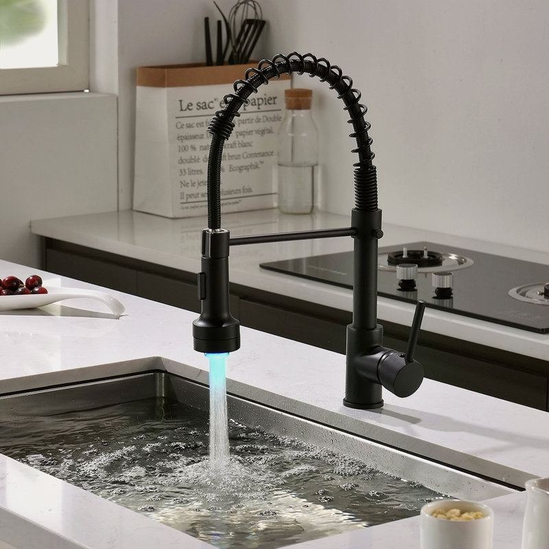 Robinet de cuisine DEL commercial avec douchette rétractable, robinet d'évier de cuisine à poignée simple, Noir
