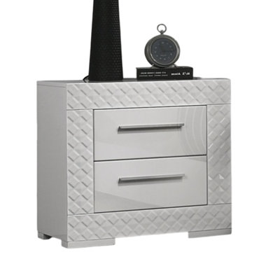 White High Gloss Nightstand - 2-Drawer Bedside Table with Metal Side Glides & Chrome Hardware