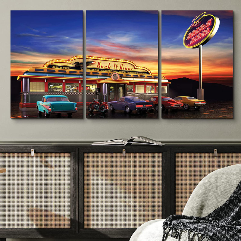 «Architecture American Retro Diner at Dusk», ensemble de 3 pièces, H 24 po x l 48 po, Toile tendue