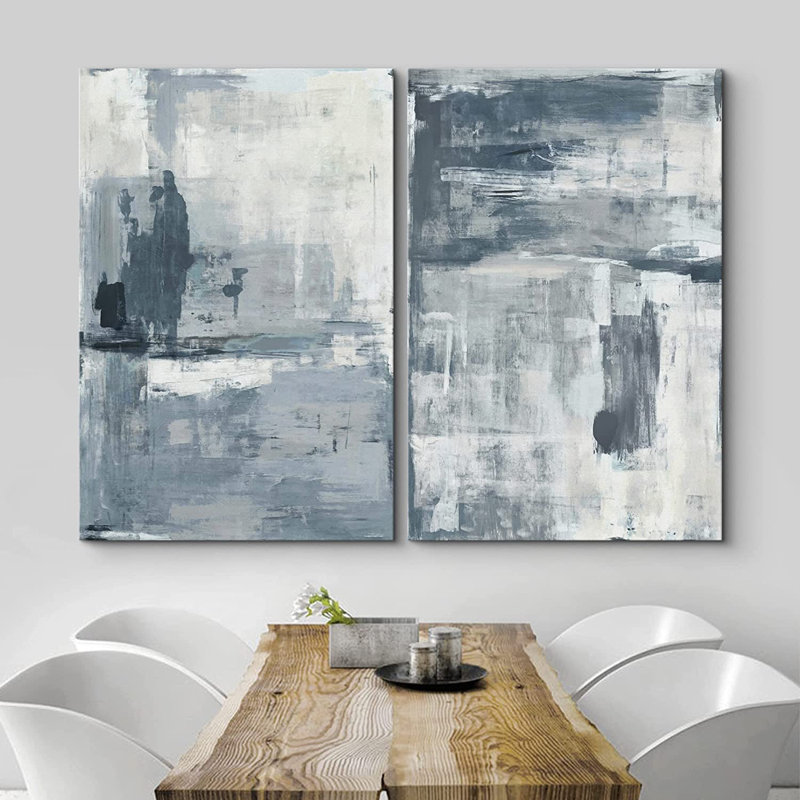 Grunge Abstract Paint Stroke Effect " Gray Blue Graffiti Stroke Collage " 2 - Pieces, Wrapped Canvas, 16" H x 24" W x 2" D
