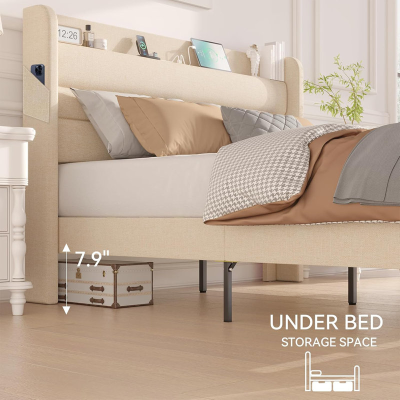 Latitude Run® Bed Frame with Charging Station, Type-C & USB Ports and LED Light, King, Beige