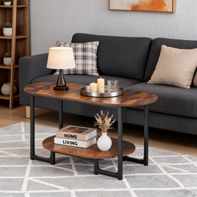 Table basse ovale en bois avec rangement double couche, tons bruns rétro, style campagnard industriel polyvalent pour la maison et le bureau