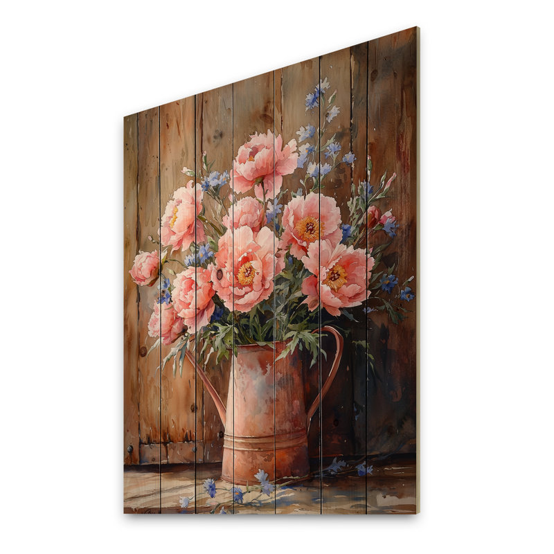 Bouquet de pivoines Country Bloom I - décoration murale en bois de pivoines - sur bois de pin naturel