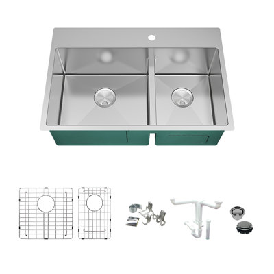 Diamond 33'' L Double Bowl Stainless Steel Kitchen Sink